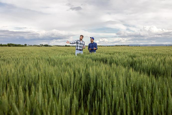 Deux fermiers discutant dans les champs